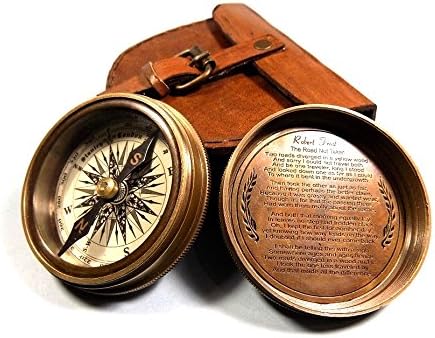 London Antiqued Vintage Look Brass Poem Compass With Leather Case,Robert Frost (Red leather)