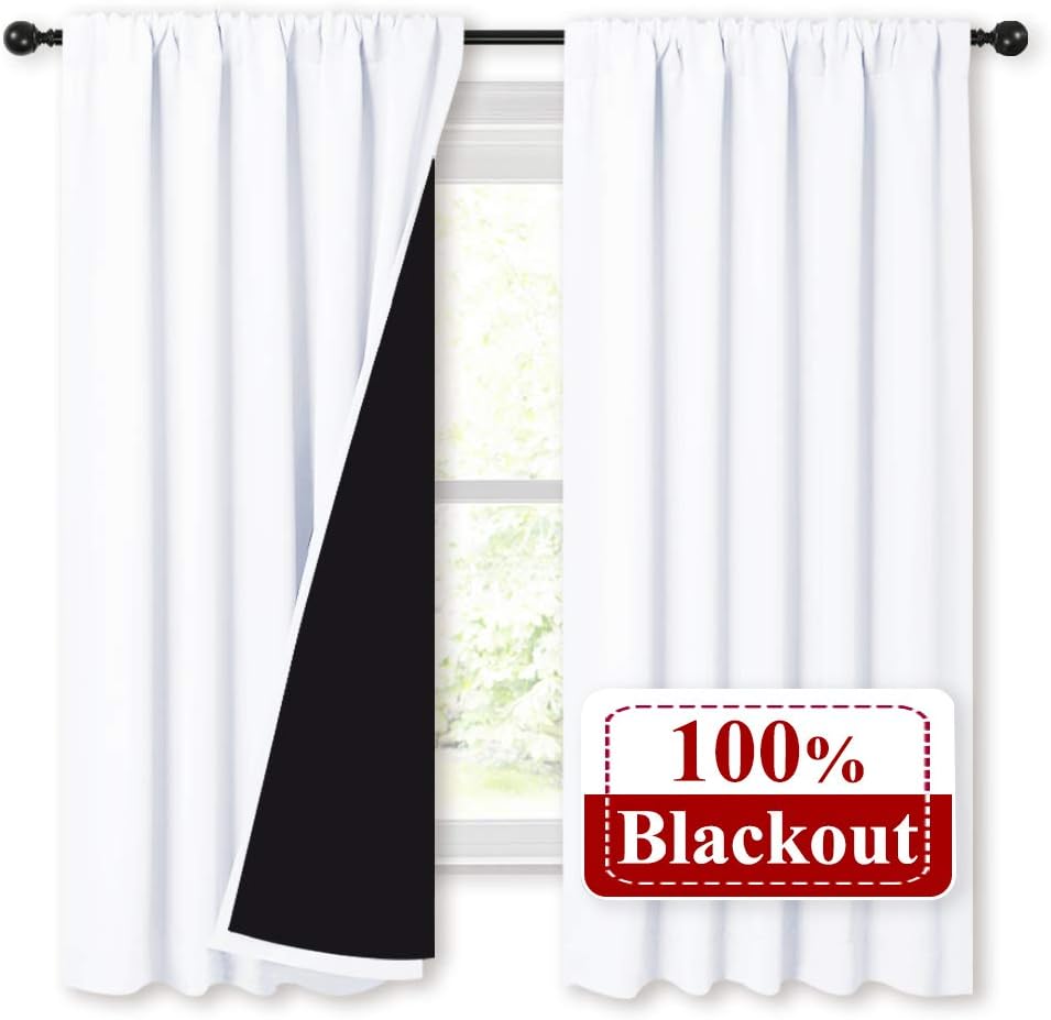 NICETOWN White 100% Blackout Lined Curtains, 2 Thick Layers Completely Blackout Rod Pocket Thermal Insulated Drapes for Kitchen/Bedroom (1 Pair, 52 inches Width x 63 inches Length Each Panel)