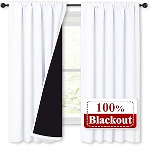 NICETOWN White 100% Blackout Lined Curtains, 2 Thick Layers Completely Blackout Rod Pocket Thermal Insulated Drapes for Kitchen/Bedroom (1 Pair, 52 inches Width x 63 inches Length Each Panel)