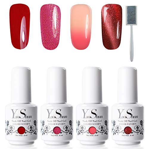 YaoShun Gel Polish Set - Gel Nail Polish Kit UV Gel Gift Box, Soak Off Nail Gel Manicure Kit 8ml Red Color + Rose Red Glitter + Temperature Color Change Gel + Magnetic Cat Eye Gel Polish #1