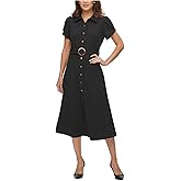 Calvin Klein Women's Short Puff Sleeve Collared Belted Midi Shirtdress