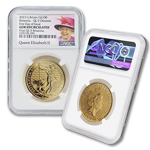 2023 1 oz British Gold Britannia Coin by the Royal Mint Gem Uncirculated (First Day of Issue - Queen Elizabeth II Label) 24K 100£ NGC