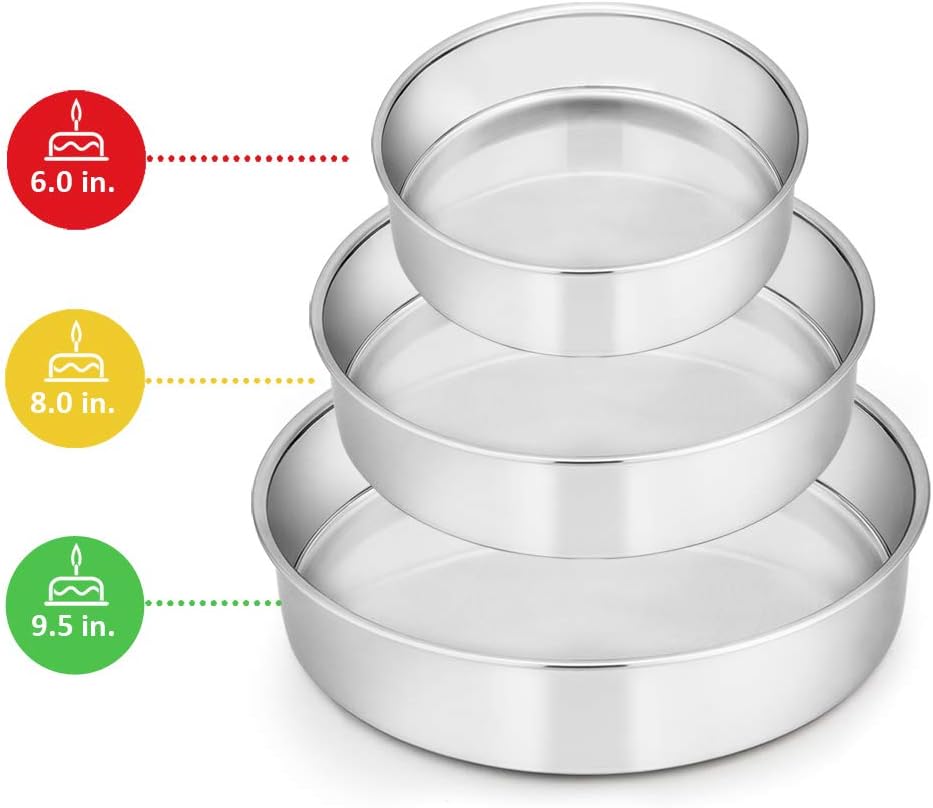 Cake Pan Set of 3 (6 inch/8 inch/9½ inch), Efar Stainless