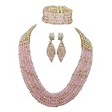 Africanbeads 6mm 5Rows Pink and Gold African Wedding Jewelry Set,Crystal Beads Necklace Set