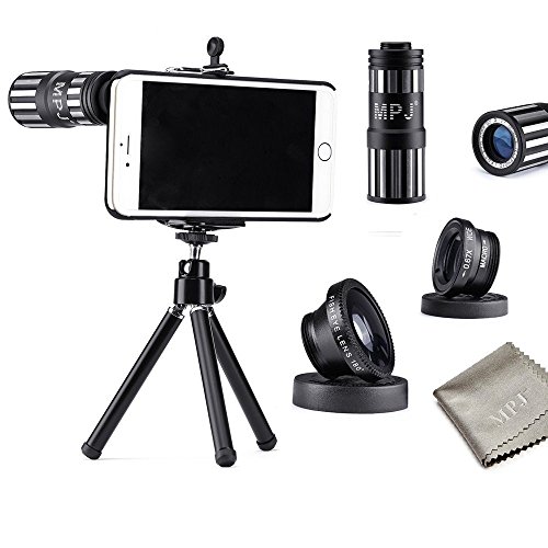 MPJ Camera Lens Kit for iphone 6 6S Including 12x Zoom Aluminum Telephone Manual Focus Telescopic Optical Lens/1 Fish Eye Lens/1 2in1 Macro Lens and Wide Angle Lens/1 Mini Aluminum Tripod/1 Universal Phone Holder/1 Hard Case for iPhone 6 6S/1 Velvet