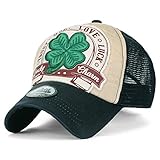 ililily Four Leaf Clover Patch Faux Leather Brim Trucker Hat Baseball Cap , Indigo