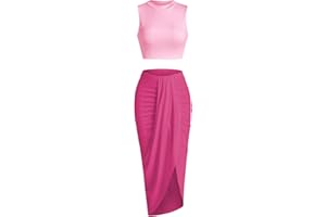 ZAFUL Women's Casual Sleeveless Summer Two Piece Outfits Crop Top and Side Split Draped Ruched Maxi Skirt Set Solid Suiting