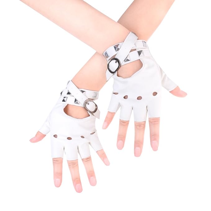 JISEN Sexy Women Punk rivets Belt Up Half Finger PU Leather Performance Gloves White
