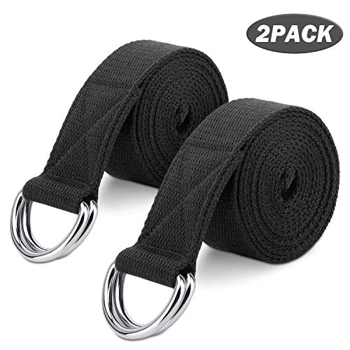 MoKo Unisex Adult Yoga Strap Belt 6Ft [2 Pack], Durable Cotton Soft Stretching Exercise Fitness Bands with Metal D-Ring- Black