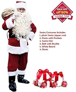 Santa Suit Men's Adult Christmas Santa Suit Costumes Holiday Cosplay Cute Costumes Outfits Vintage Plush 6 pieces Complete Santa Claus Christmas Suit Costumes, (Burgundy), One Size