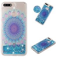 Miagon Liquid Silicone Case for Huawei Y7 2018,Soft Glitter Shockproof Cover Floating Bling Sparkle Shiny Quicksand Liquid Clear Protective Case Phone Case Cover-Blue Totem Flower