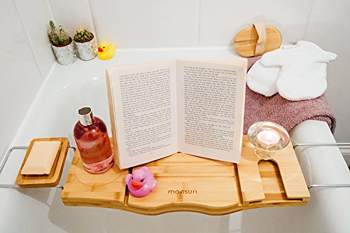 Bamboo Bath Tub Tray Caddy: Luxury Bathtub Tray with Wine Glass Holder, Book Stand & Phone, iPad Tablet Rest. Wooden Spa Bath Accessories for a Relaxing Bubble Bath for Women & Men