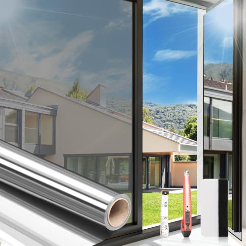 Arthome Heat Blocking Window Film Anti-UV 35.4x393 Inch, Heat Control Window Stick Tint Reflective No Glue Static Cling Adhesive DIY One Way Film for Home and Office Sun Glare Reduction with Tool