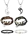 FINREZIO 6 PCS Yin & Yang Leather Bracelets and Stainless Steel Necklaces Set for Women Men Crown Bead Bracelets for Couples Jewelry Set