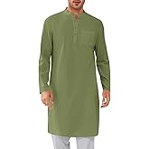 Gafeng Mens Kaftan Robe Button Down Long Sleeve Henley Cotton Thobe Casual Side Split Gown Shirt