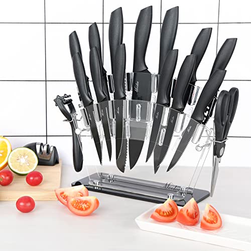 Knife Set, 17 Pieces Kitchen Knife Set with Acrylic Stand, 13 Black Non