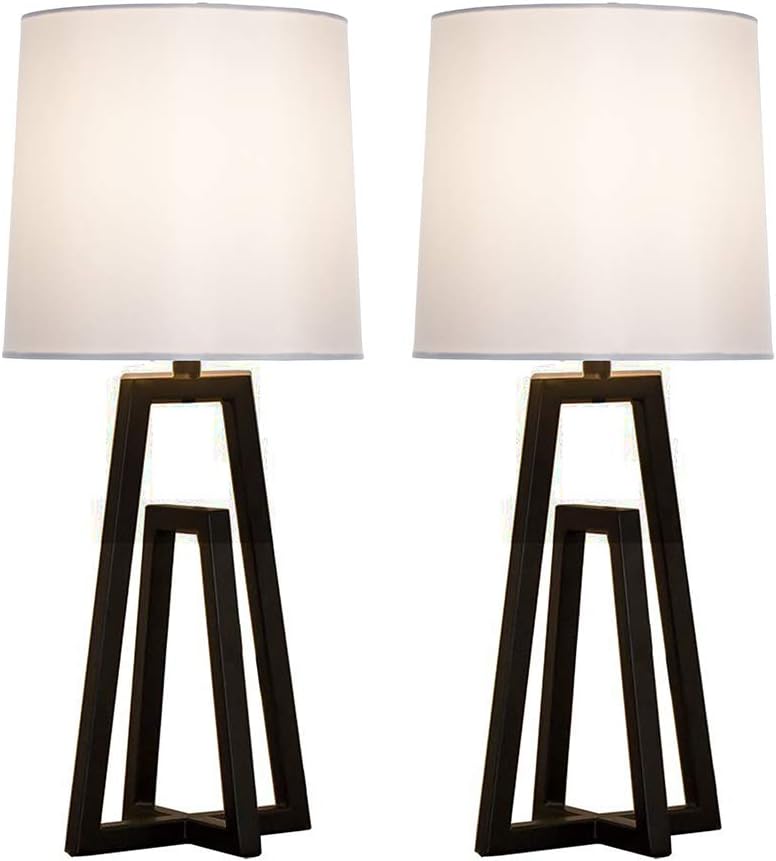 CASILVON Simple Design Living Room Bedroom Set of 2 Black Metal Base Bedside Table Lamp, Table Lighting with TC Fabric Shade Desk Lamps