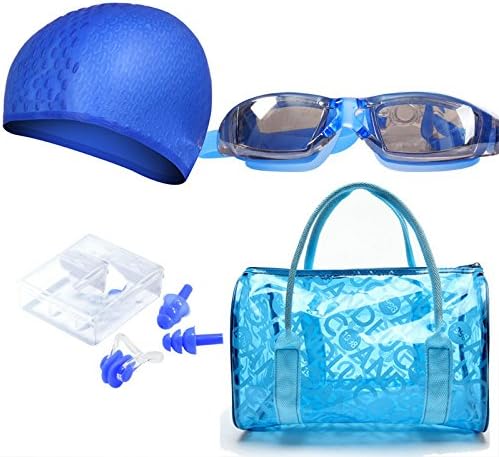 Swimming set, swimming goggles + swim cap + ear plug nose plug 4 points set Belt adjustable storage bag with unisex combined free size anti-fogging UV protection (Color : Blue)
