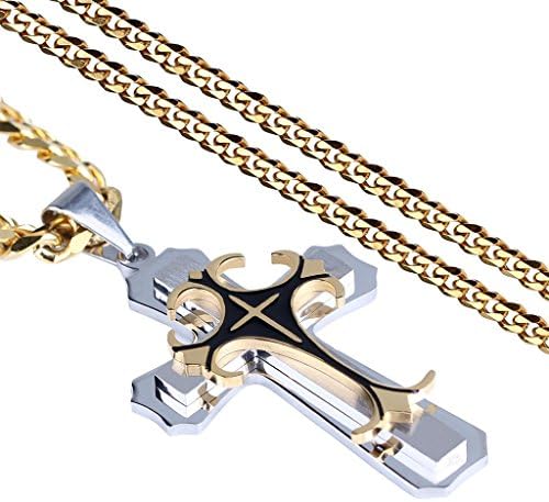 Violet Jewelry Stainless Steel Cross Necklace Byzantine Prayer Pendant Chain for Men Women Boys Gold 24 inches 6mm