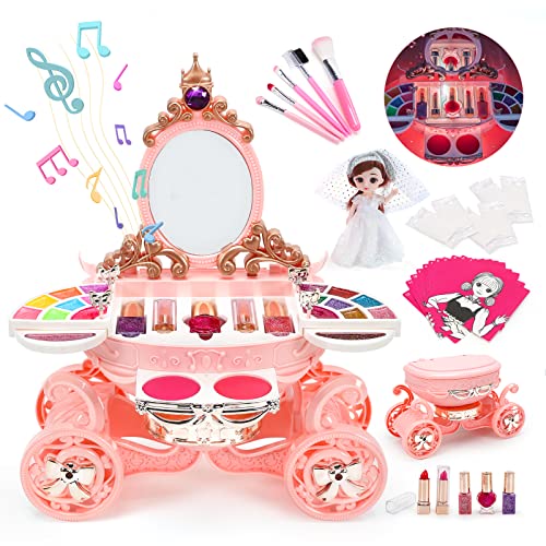 EveStone Kids Makeup Kit for Girl, 3 in 1 Play Makeup Set with Washable Non-Toxic Cosmetic, Princess Doll, 51PCS Real Make Up Toys Birthday Gift for Toddler Children Age 3-4-5-6-7-8-9 Year Old