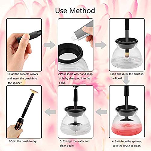 Professional Makeup Brush Cleaner and Dryer, Electric Spinning Make up Brush Machine Tool Portable Cosmetic Clean Device Large Cleaning and Drying Set with the Holder Stand Kit for Dry, White (Black) - Thumbnail 5