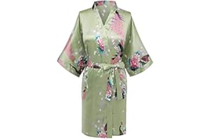 KIMONO PALACE Women's Short Kimono Robes Bride and Bridesmaid Satin Floral Bathrobe Peacock Sleepwear Dressing Gown for Wedding Party