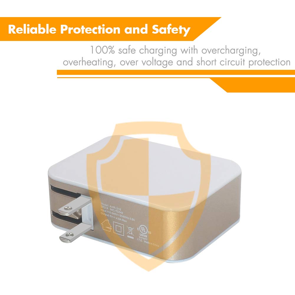 USB Wall Charger Power Adapter 4-Port USB 24W Travel Charger Adapter with Foldable Plug Multi Device Smart Charging-Compatible with iPhone, iPad, Samsung, Galaxy (Gold)