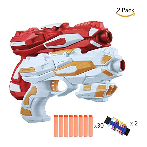 Fstop Labs 2 Pack Foam Hand Gun Toy Blaster Gun Compatible with Nerf Guns with 2 Foam Dart Wrist Band and 30 PCS Refill Soft Foam EVA Darts