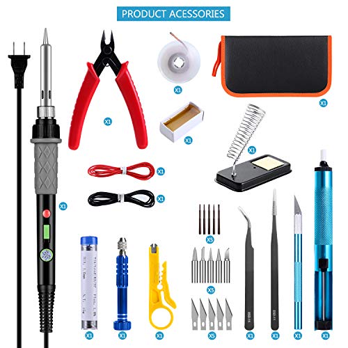 GEYOTAR Soldering Iron Kit,Electric Soldering Iron kit, 60W Adjustable Temperature Welding Tool, Desoldering Pump, 5pcs Soldering Tips, Desoldering Wick, Iron Stand, Solder Wire, Tweezers