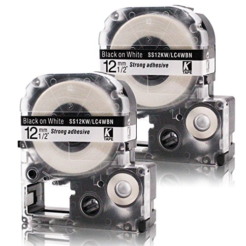 Absonic Tape Cassette Replacement For Epson Lw-300 Lw-400 Lw-600P Lw-700 Lc-4Wbn9 (1/2" X 26', 12Mm X 8M, Black On White) - 2 Pack (6290763170612)