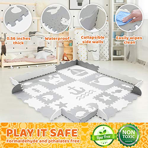 Baby Play Mat with Edges - Extra Large (6ftx6ft) Extra Thick (0.56") Interlocking Foam Tiles with Sea Creatures Patterns | Crawling Mat for Infants | Puzzle Mat for Kids (Grey and White)