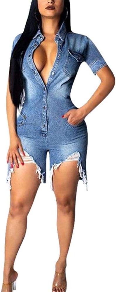 Womens Summer Casual Short Sleeves High Waist One Piece Destroyed Ripped Jean Demin Jumpsuits Romper Overall Playsuit