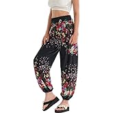 AINIKO Boho Pants for Women Stretchy Wide Leg Hippie Harem Pants Lounge Casual Bohemian High Waist Palazzo Yoga Pants