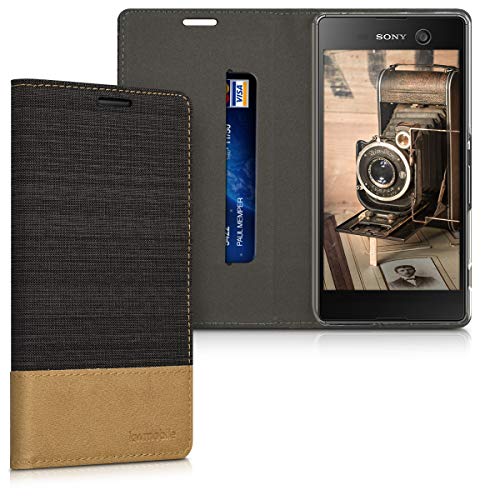 kwmobile Book Style Case for Sony Xperia M5 - PU Leather Fabric Protective Wallet Cover with Stand - Anthracite/Brown