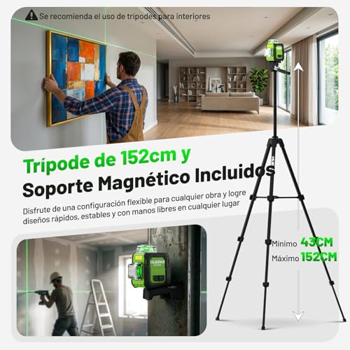 Huepar Green 3D Laser Level 3 x 360° Self-Leveling, Accuracy ±3 mm, 40 m (70 m with Receiver), Compact Laser Level with 152 cm Tripod, Ideal for Work in Narrow Spaces, Countertops, USB-C