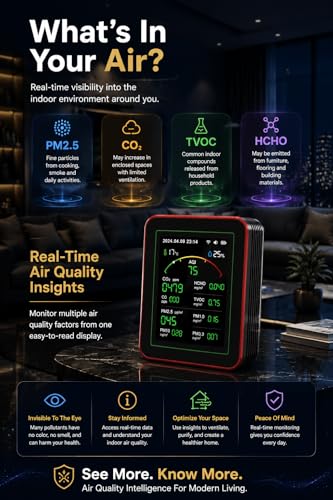 Professional 15-in-1 Air Quality Meter with App - CO₂ Meter/CO₂ Sensor, PM2.5/PM10 Fine Dust Meter, VOC Meter, Air Quality Monitor with Dual Chip & Real-time AQI Alerts