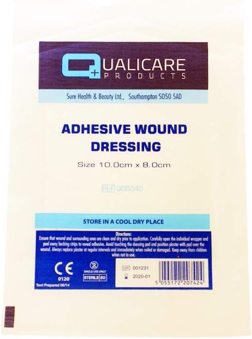 Qualicare 50 X 10CM x 8CM PREMIUM STERILE FIRST AID ADHESIVE WOUND CUT FABRIC LARGE PLASTER DRESSINGS, White
