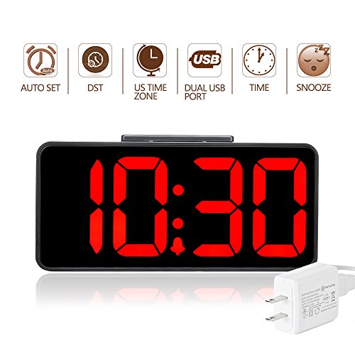 DreamSky Auto Time Set Alarm Clock With Dual USB Port For Phone Charger , Snooze, Dimmer -Extra Large Impaired Vision Digital Red LED Clock With Battery Backup, Auto DST