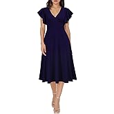 WOOSEA Women's Ruffle Short Sleeve Deep V Neck A Line Swing Flared Cocktail Party Midi Dress
