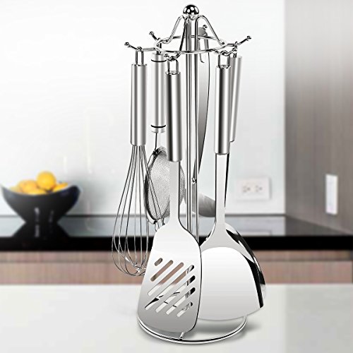 SINGAYE Utensil Stand Kitchen Tools Rack 304 Stainless Steel Holders 16.1 inch, 6 Hooks for Spoon,Soup Ladle,Pasta Server, Spatula etc.