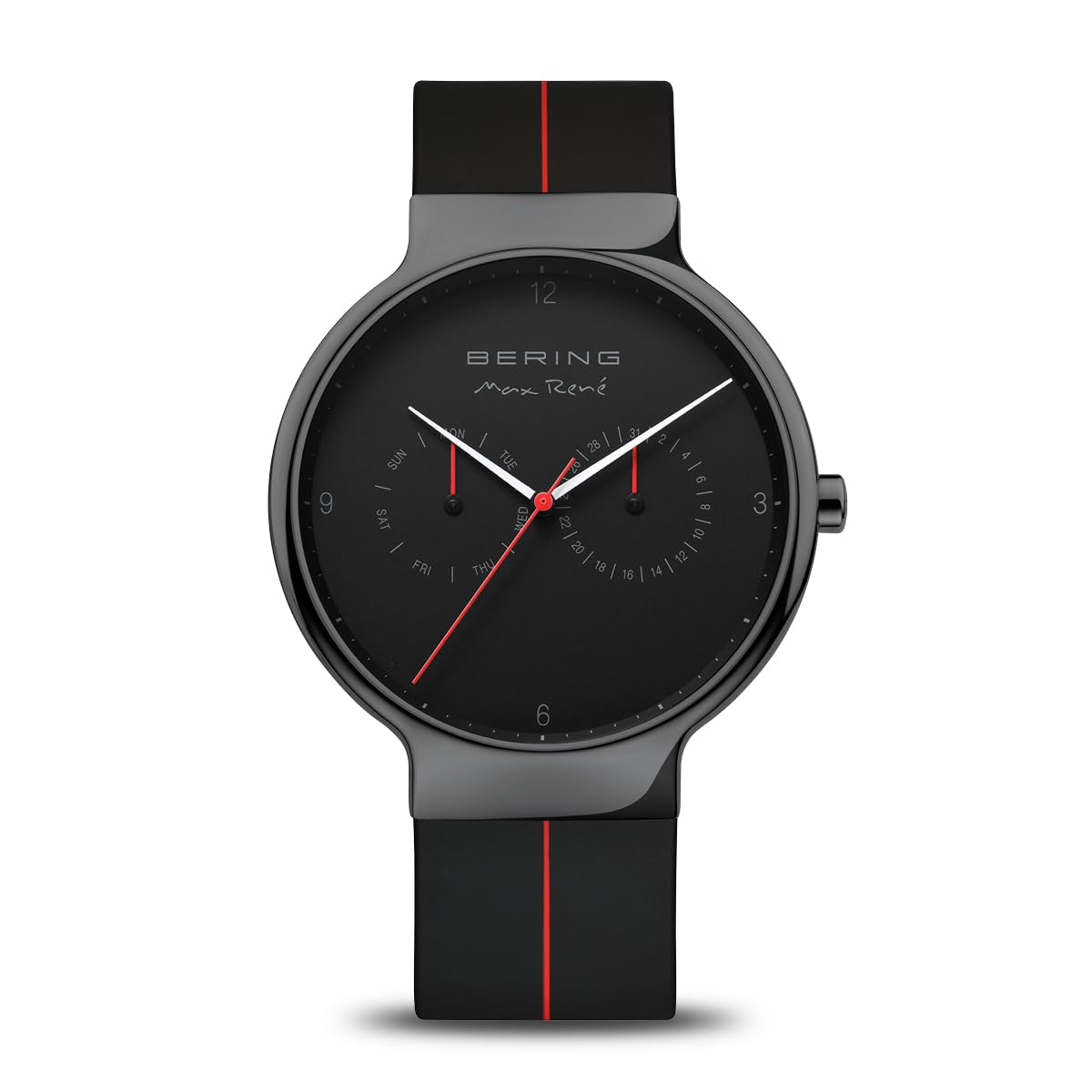 BERING Men Analog Quartz Max René Collection Watch with Silicone Strap and Sapphire Crystal 15542-423, Black/Red, 42