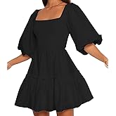 Misng Women Puff Half Sleeve Square Neck Mini Dresses Elastic Waist Elegant Summer Casual Ruffles Dress
