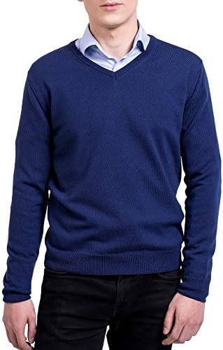 KNITTONS Men's 100% Merino Wool Extra Fine Classic V-Neck Sweater Long Sleeve Pullover (Medium, Navy Blue)