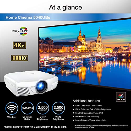 Epson Home Cinema 5040UBe WirelessHD 3LCD Home Theater Projector with 4K Enhancement, HDR10, 100% Balanced Color and White Brightness, Ultra Wide DCI-P3 Color Gamut and UltraBlack Contrast
