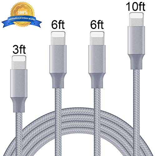 Phone Cable 4Pack 3FT 2x6FT 10FT to USB Syncing Data and Nylon Braided Cord Charger Charging Cable Compatible Phone XS MAX, XR, X, 8, 7, 7 Plus, 6, 6s, 6 Plus, 5, 5c, 5s, SE -Gray