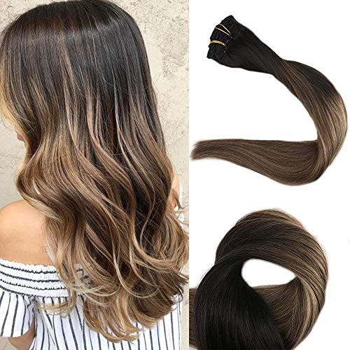 Full Shine Ombre Clip In Hair Extensions Remy Human Hair Color 1B Off Black Fading To 6 Brown And Color 27 Honey Blonde Extensions Clip On Human Hair 100 Grams 12 Inch Short Hair Cut 10Pcs