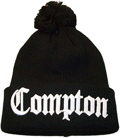 La Compton Pom Pom Cuffed Beanie Hat Cap Black Winter Ski Hat