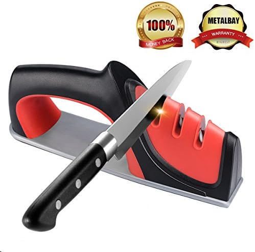 Knife Sharpener Kit, METALBAY Chef Safe &amp; Skidproof 3-stage Steel Diamond Knife Sharpending Set with Repairing, Restoring, and Polishing,Chefs Choice Knife Sharpening System-Red &amp; Portable