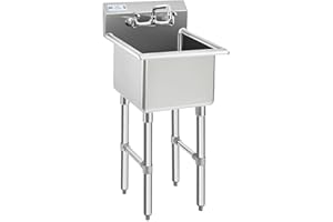 HALLY SINKS & TABLES H HALLY Commercial Stainless Steel Sink 1 Compartment NSF Prep & Utility Sink with 8" Faucet 15" L x 15" W x 12" D Bowl for Bar, Restaurant, Kitchen, Hotel and Home