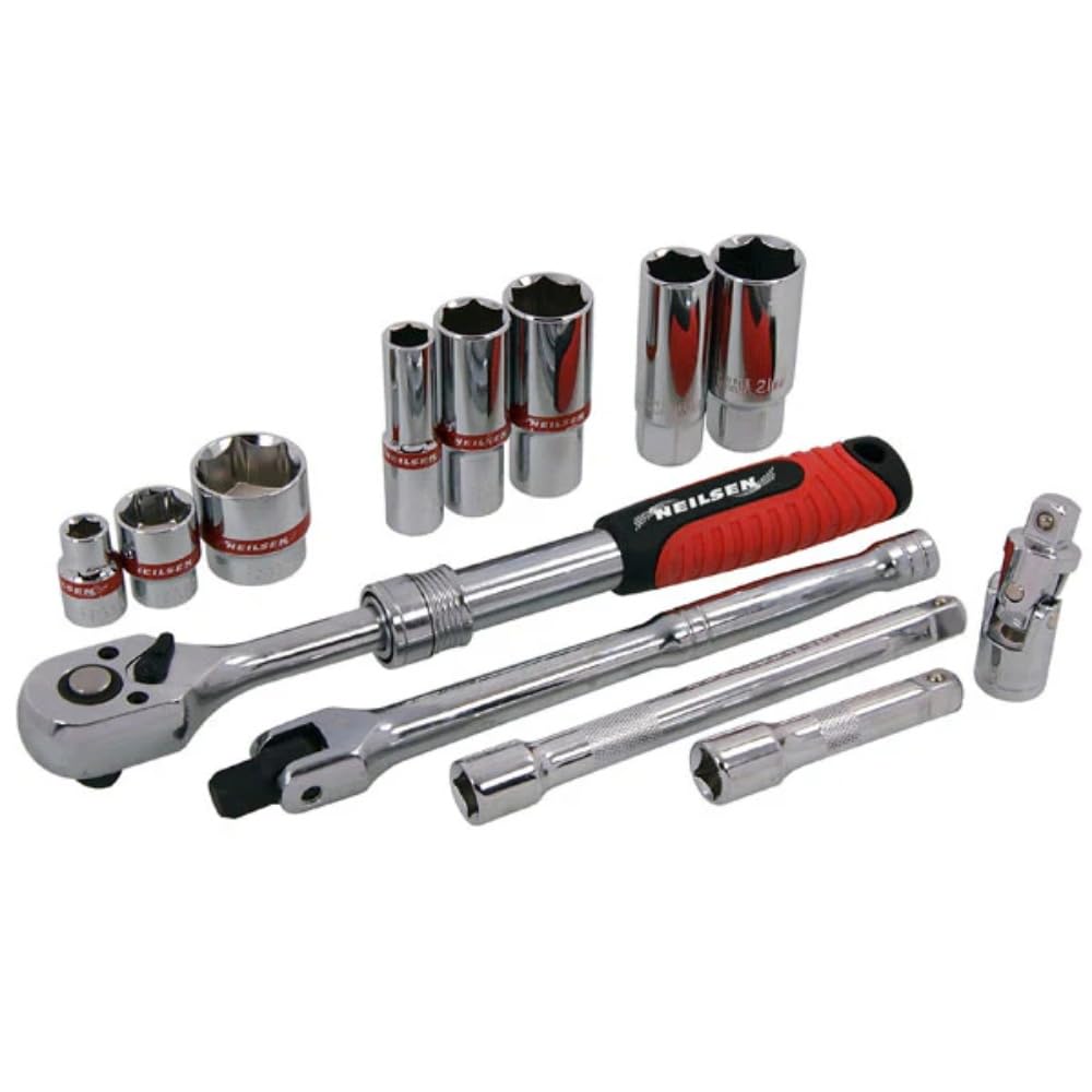 Neilsen CT1575 33pc 3/8in Drive Socket Set 8 to 24mm Sockets 10 to 19mm Deep Sockets 16 and 21mm Plug Sockets Extendible Ratchet Power Handle Extension Bars Universal Joint
